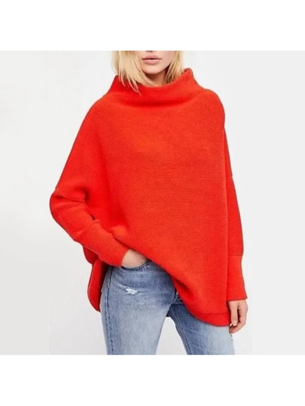 Free People Oversized Funnel Neck Sweater - Bright Red